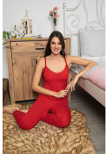 Kadın Kırmızı Renkli Dantel Detaylı Şortlu Ve Taytlı Pijama Takımı 3'lü Set 75021 Kırmızı