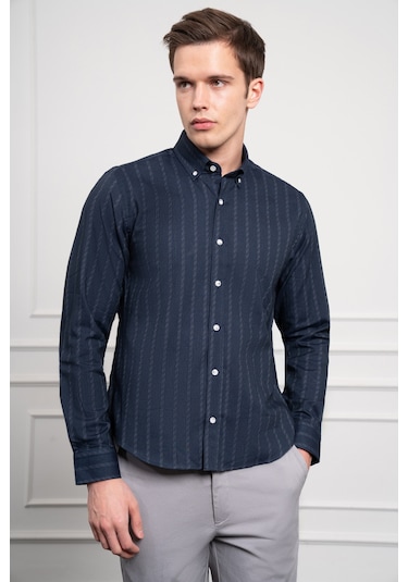 Erkek Lacivert Kışlık Dynamic Fit Düğmeli Yaka Gömlek 25ks004004200 Lacivert Lacivert