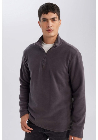 DeFacto Antrasit Tüylenme Yapmayan Soğuk Geçirmez Regular Fit Dik Yaka Fermuarlı Polar Sweatshirt Y3996AZNSAR126