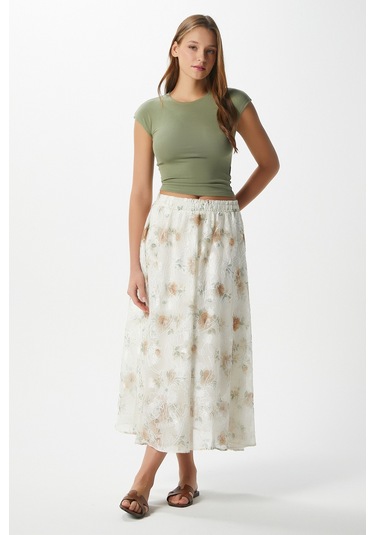 Kadın Rosary Astarlı Bel Lastikli Çiçek Desenli Etek Krem