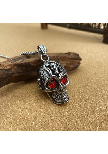 Altın Opk Kafatası Retro Kırmızı Gözler Kolye Erkekler 3 55cm Altın