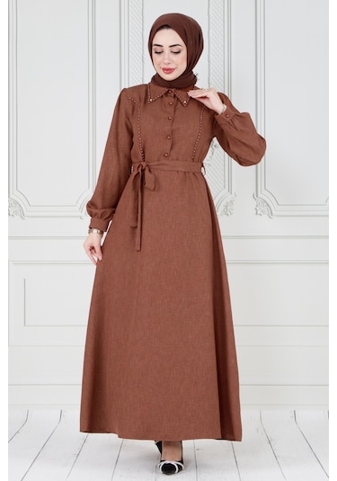 İnci Detaylı Kuşaklı Tesettür Elbise-kahverengi-3584-açık Mavi Açık Mavi