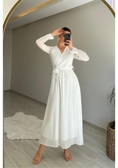 Neşeli Butik Kadın Uzun Kollu Kuşaklı Maxi Şifon Elbise Nm001 Beyaz