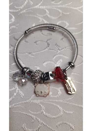 Uzel Çelik Gümüş Silver Model Taşlı, Kedicik Charmlı Çelik Bileklik