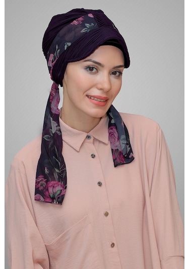 Mürdüm Şapkalı Tesettür Bone Kesik Elyaf Desenli Şifon Kemerli 19 Mürdüm