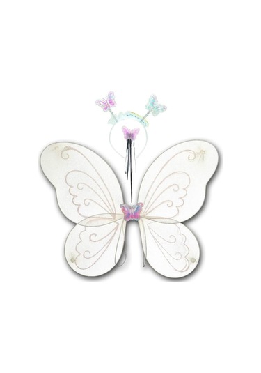 Kelebek Kanat Taç Asa Seti Beyaz Simli Kız Kostümü