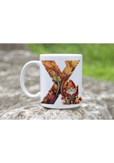 X Harf Sonbahar Yaprak Temalı Kupa Bardak - Sevimli Figürler İle Alfabe Harfli Bardak - Kişiye Özel Beyaz