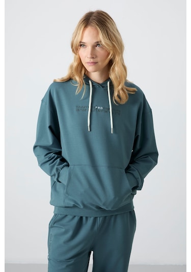 Tommy Life Orman Yeşili Kapüşonlu Kanguru Cep Oversize Lastik Paça Kadın Eşofman Takımı - 95288 Yeşil