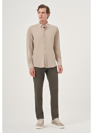 Morven Erkek Bej Örme Slim Fit Düğmeli Yaka Gömlek 25ms004024653 Bej Bej