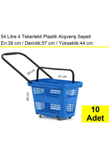 4 Tekerlek Plastik Alışveriş El Sepeti 54 Litre Mavi 10 Adet / En:42 Boy:54 Yükseklik:44 Cm