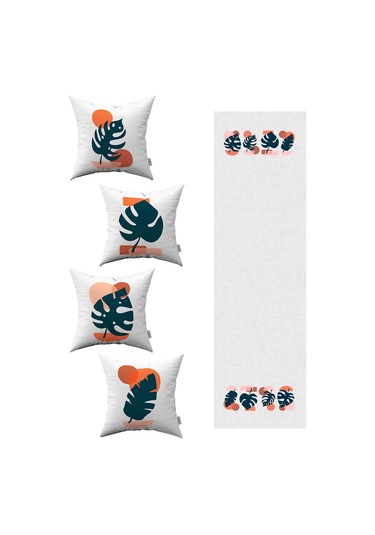 Lacivert Turuncu Modern Tarz Yaprak Desenli 4'lü Kırlent Kılıfı 1 Runner Seti 4kmbs115 Rs Lacivert