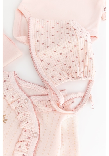 Çiçek Desenli Fırfırlı Pamuklu 10 Parça Kız Bebek Hastane Çıkışı Bebek Takımı Somon