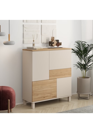 Robin Home Urban Çok Amaçlı Dolap Ahşap Ayaklı 4 Kapaklı Çekmeceli Kumsal-sepet Bej