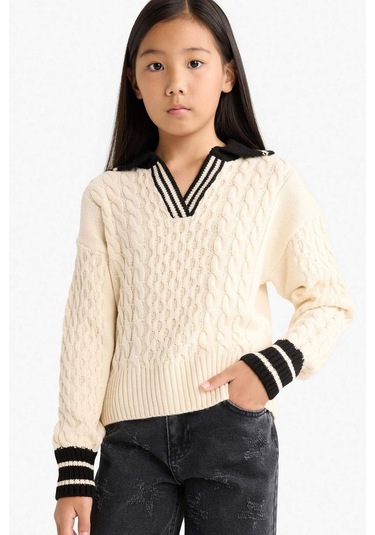 Defacto Kız Çocuk Polo Yaka Kazak G1626a825auer68 Ekru