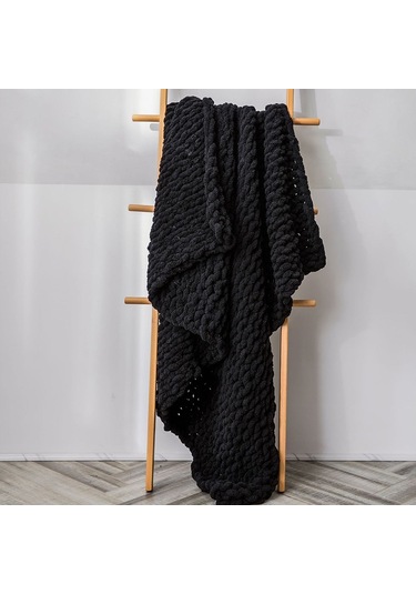 Sones El Yapımı Kalın Yün Örgü Battaniye Kanepe Şönil Çubuk Örgü Battaniye, Boyut: 80 X 100 Cm Siyah