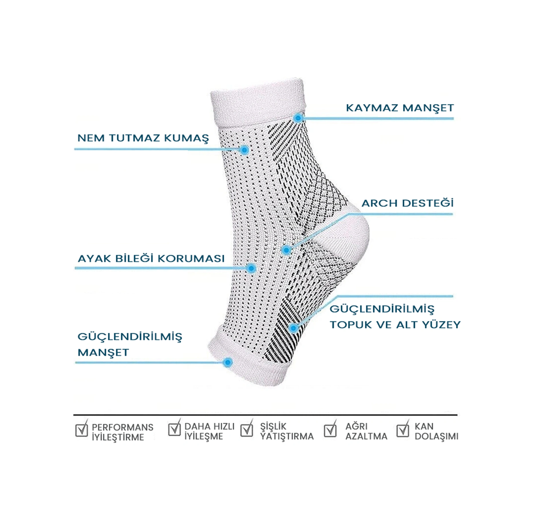 Plantar Fasyait Destekli Xxl Beden 10 Çift "20 Adet" Parmaksız Nöropati & Kompresyon Çorabı "siyah"