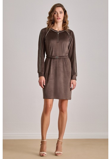 Diz Üstü Kahverengi Kadife Elbise Kahverengi