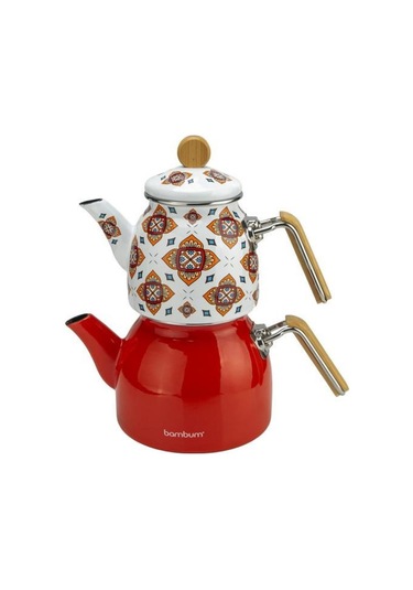 Bambum Unique - Bambu Kulplu Emaye Çaydanlık Takımı Turuncu