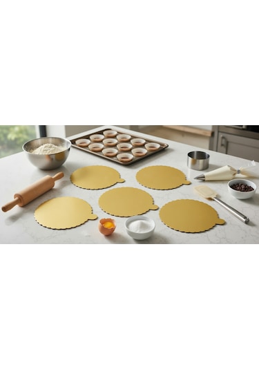 5 Adet Kulplu Sarı Yuvarlak Kalın Ekstra Dayanıklı Karton Pasta Altlığı 15 Cm Altın