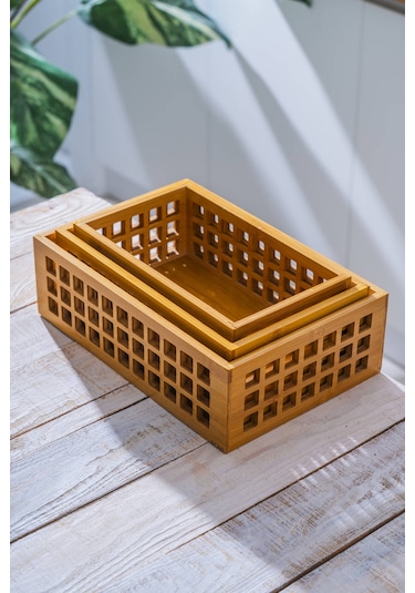 Bambu 3 Lü Dikdörtgen Organizer Kutu Kahverengi