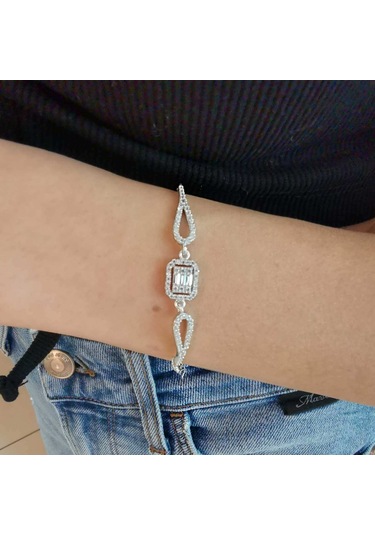Baget Taşlı Gümüş Kadın Bileklik Rodyum Divan (528167991)