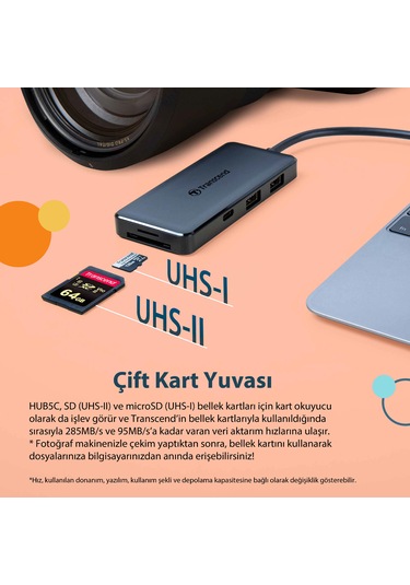 Transcend TS-HUB5C 2-Port Type-A,1-Port Type-C,1-Port PD,SD/MicroSD Gen 2 Type C HUB & Kart Okuyucu