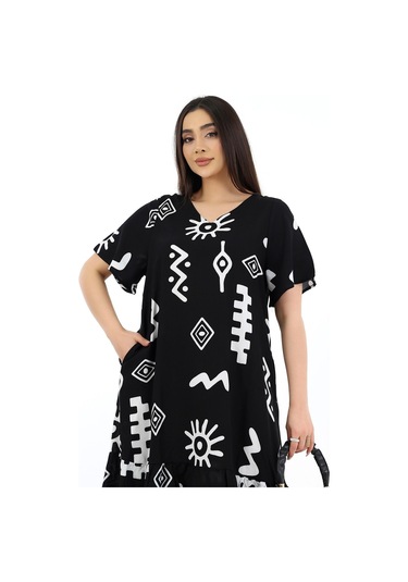 Schık Kadın Viskon Yarım Kol V Yaka Cepli Fırfırlı Elbise Siyah Siyah