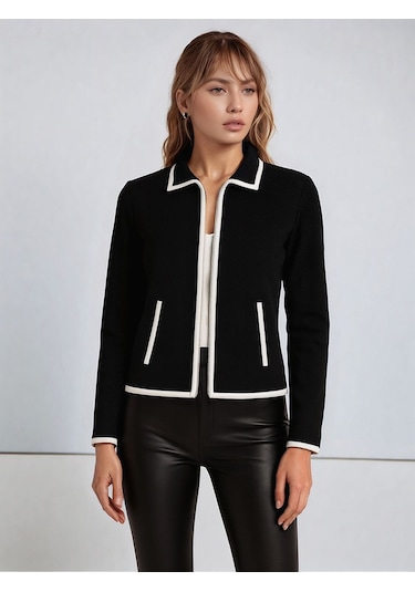 Kadın Fermuarlı Uzun Kol Cepli Spor Şık Tasarım Ceket Siyah