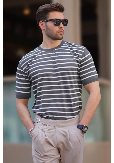 Madmext Füme Bisiklet Yaka Çizgili Kısa Kollu Erkek Tişört 6884-füme Füme