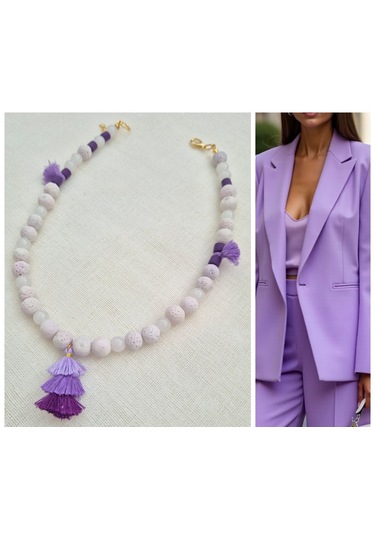 Lila Lav Taşlı Püsküllü Tasarım Kolye