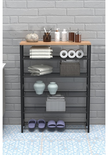 Retodesign 1891 6 Katlı Ayakkabılık Banyo Çok Amaçlı Raf Siyah - Atlantik Çam