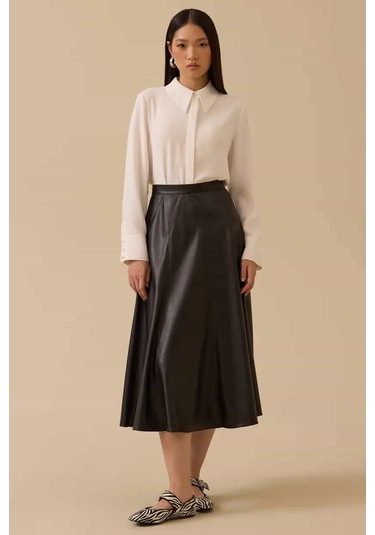 Kadın Suni Deri Kloş Etek - Siyah Siyah