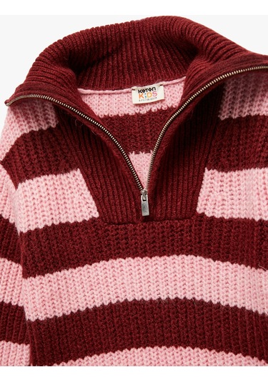 Koton Uzun Kollu Fermuarlı Yarım Yaka Çizgili Triko Kazak Pınk Strıpe 6wkg90046ht Pembe Çizgili