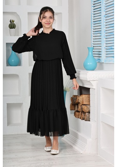 Kız Çocuk Uzun Boydan Pliseli Pamuklu Şifon Uzun Elbise Siyah