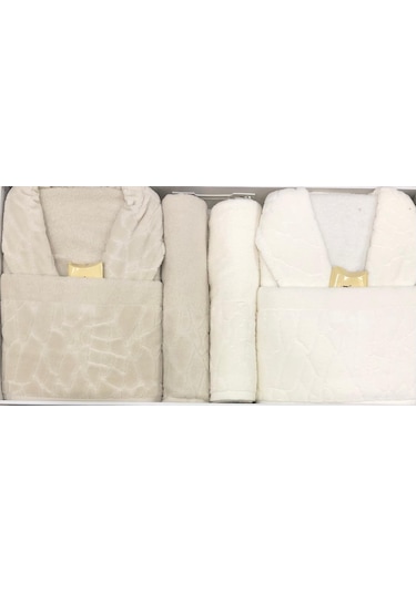 Durul Antik Kısmi Kadife Pamuklu 8 Parça Aile Bornoz Seti Bej