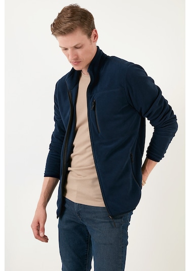 Buratti Slim Fit Fermuarlı Cepli Dik Yaka Polar Erkek Hırka 5906028 Lacivert