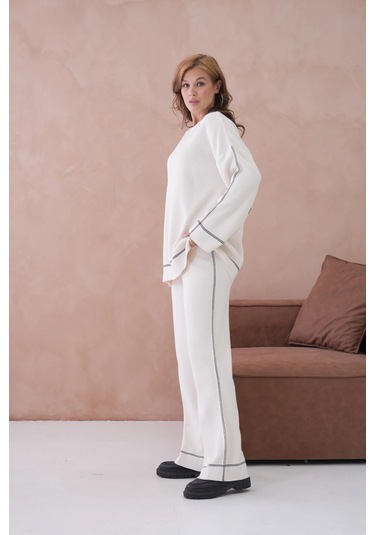 Kadın Geniş Yaka Kazak Pantolon İkili Triko Takım Taş