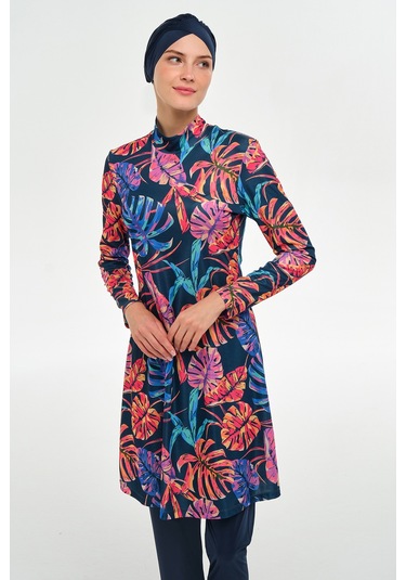 Likralı Tam Kapalı Tesettür Mayo Desenli 3108 Koyu Lacivert Koyulaci02 Koyu Lacivert