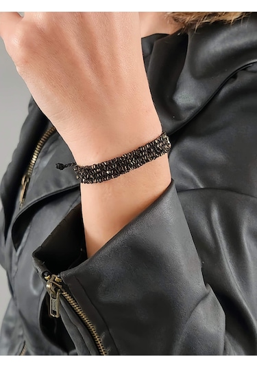 Zincir Dokuma Kordon El Yapımı Otantik Siyah Gold Renkli Bileklik Altın - Siyah