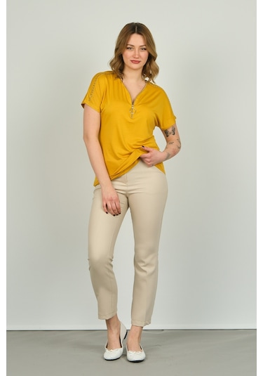 Ella Camelia Kadın Fermuarlı Kısa Kol Bluz 20e038 Hardal