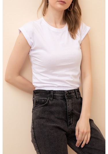 Caisya Bel Lastikli Beyaz Crop Bluz