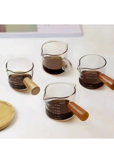 Ranyeek Cam Kafe Süt Ölçü Kasesi - Ahşap Saplı, Ölçü Çizgili, Ev Kullanıma İdeal Sütluk Diğer