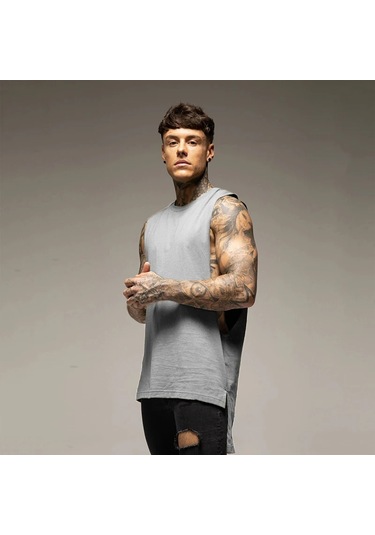 Muscleguys Erkek Spor Yelek - Pamuklu, Kolsuz, Hip Hop Stili, Uzun Kesim, Salon Egzersizleri İçin Gri