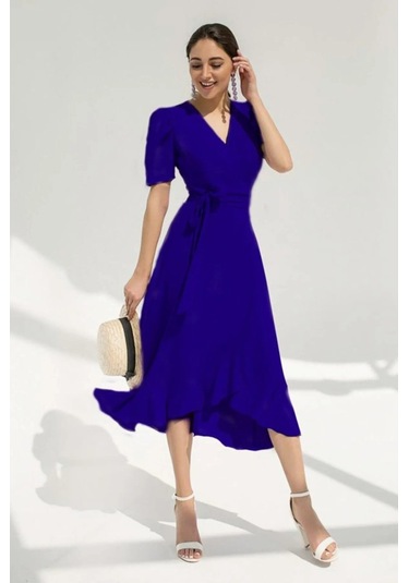 Kadın Kruvaze Yaka Midi Boy Kuşaklı Krep Elbise 120 Cm Bediva 001