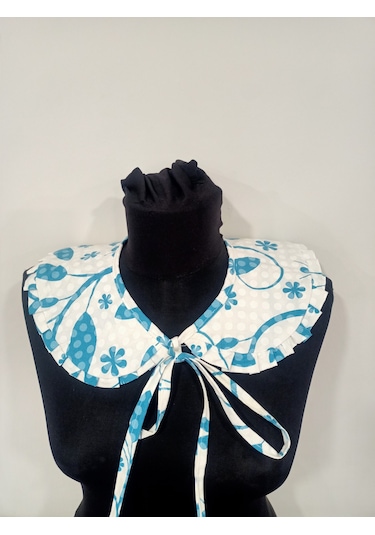 Kadın Fırfır Detay Gömlek Yaka Mavi Desenli Açık Mavi