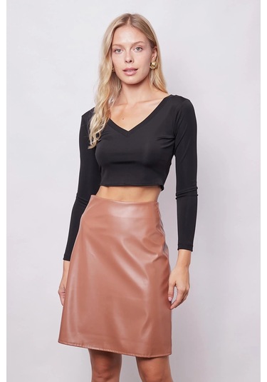 Kadın Hafif Likralı Deri Yüksek Bel Diz Boy Çan Etek-camel CAMEL