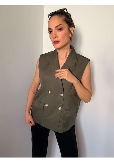 Ali Butik Haki Kruvaze Premium Yelek Haki