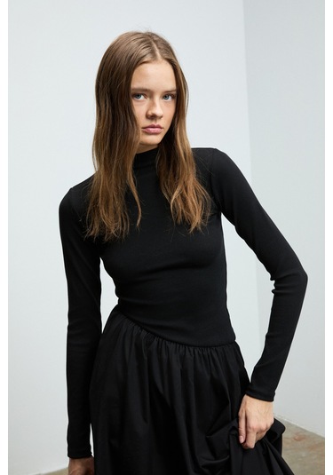 PANI PANTI Kadın Üstü Ribana Eteği Poplin Vücuda Oturan Siyah Elbise