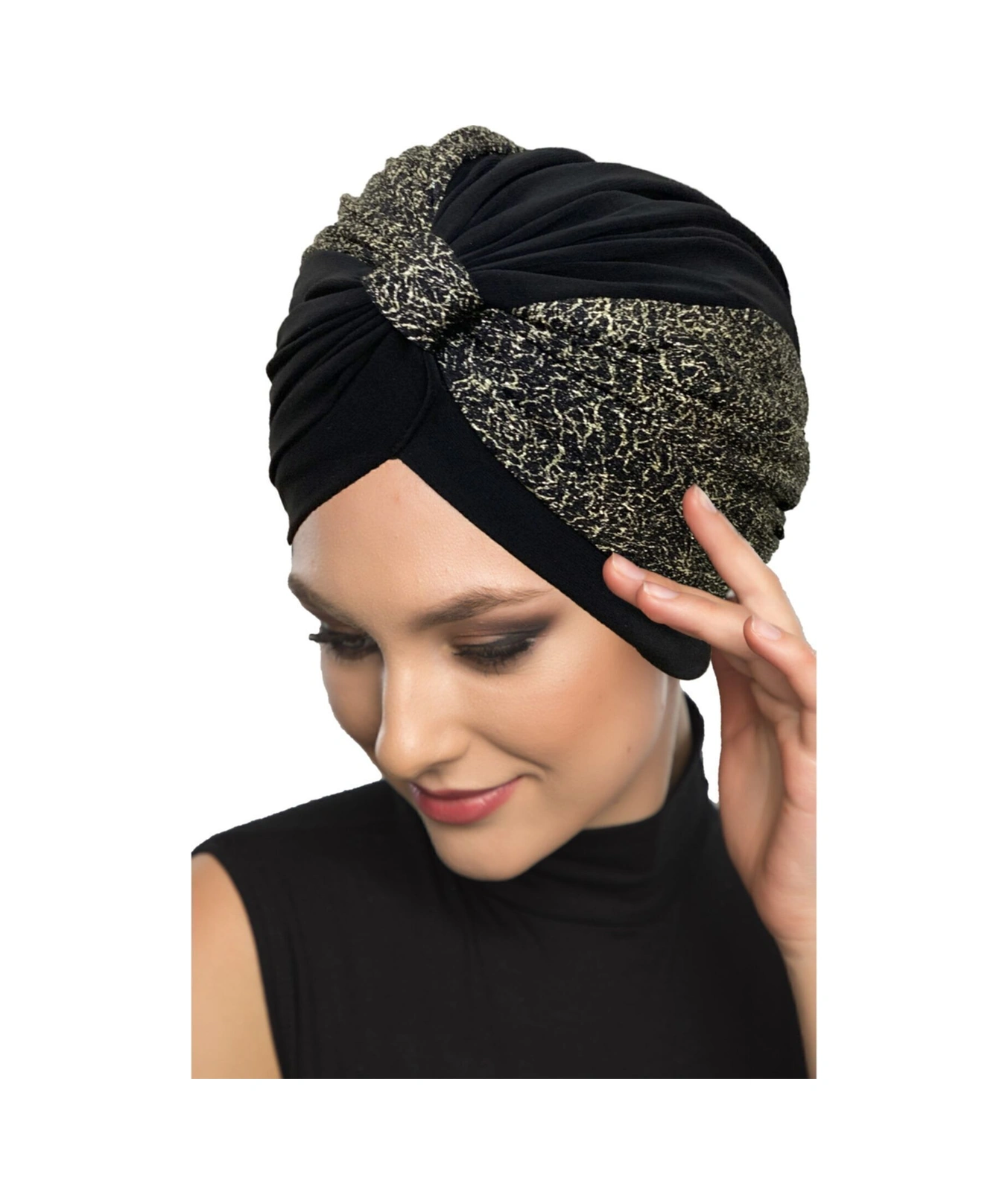 Özel Tasarım Siyah Üzeri Altın Kum Desenli Astarlı Hazır Türban Tesettür Abiye Bone Siyah15
