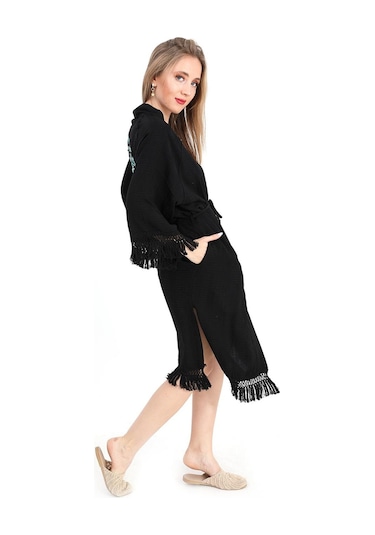 Kimono Palmiye Baskılı Püsküllü - Siyah-siyah Siyah